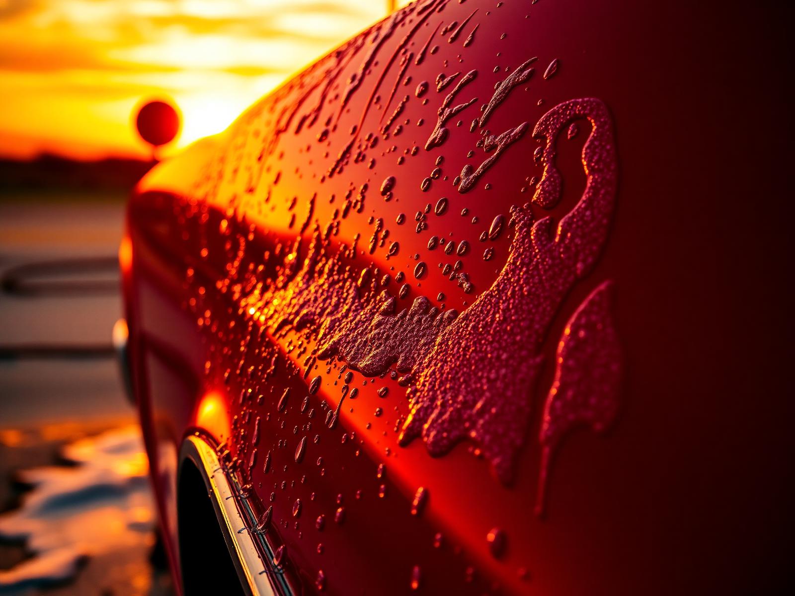 Glossy red car catching sunset light after a wash